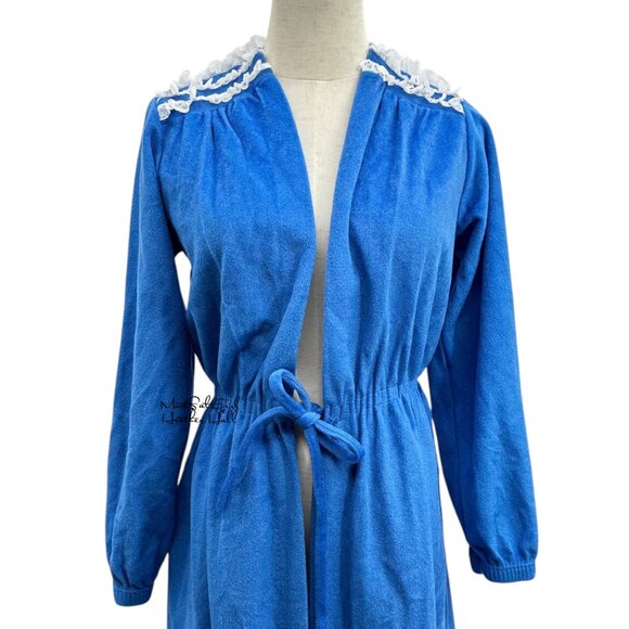 Vintage 1980's Julie Girl Blue Robe Drawstring Waist & Lace Accent Trim - Picture 2 of 6